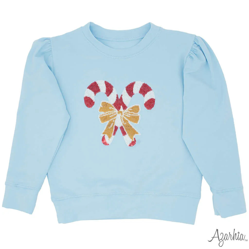 Holly Lt Blue sweatshirt  Sequin Candy Canes