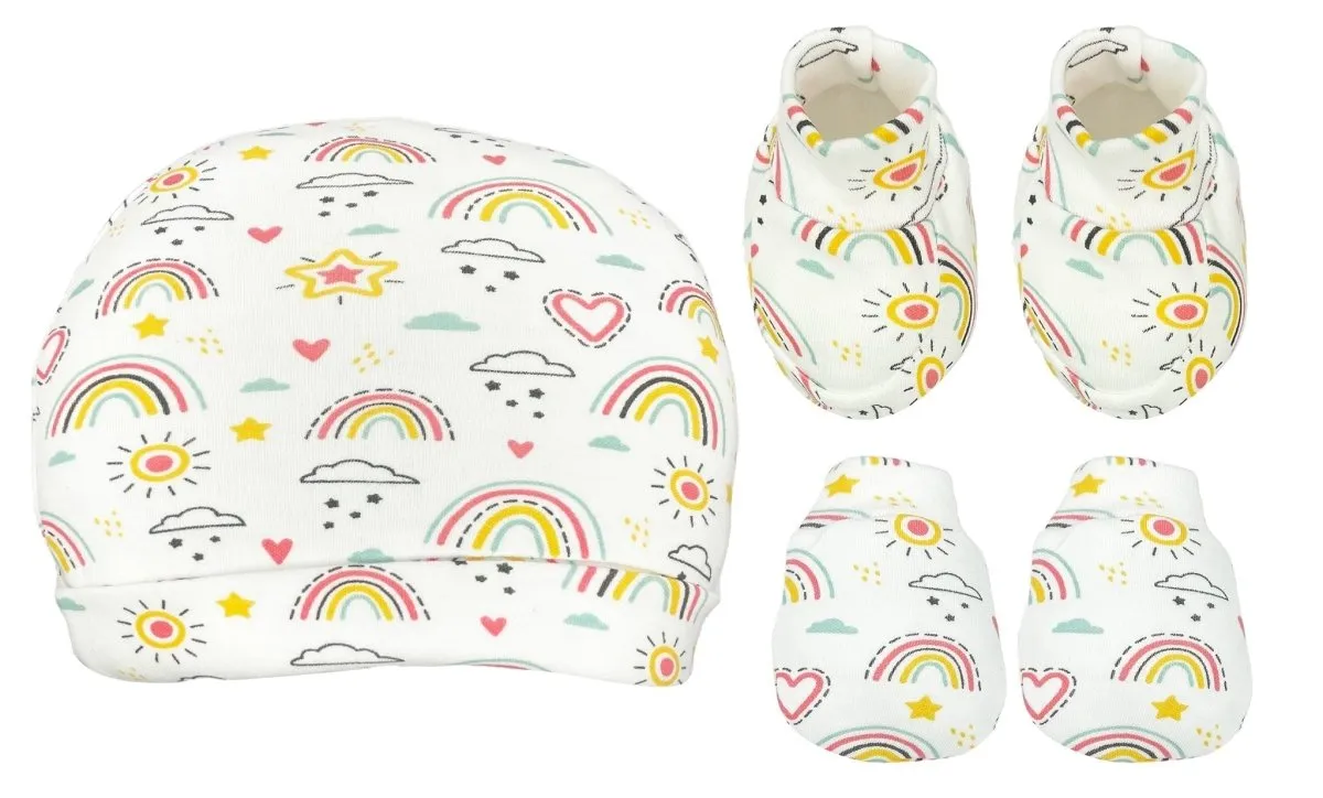 Infant Set Mittens Booties Cap Combo- Rainbow Land