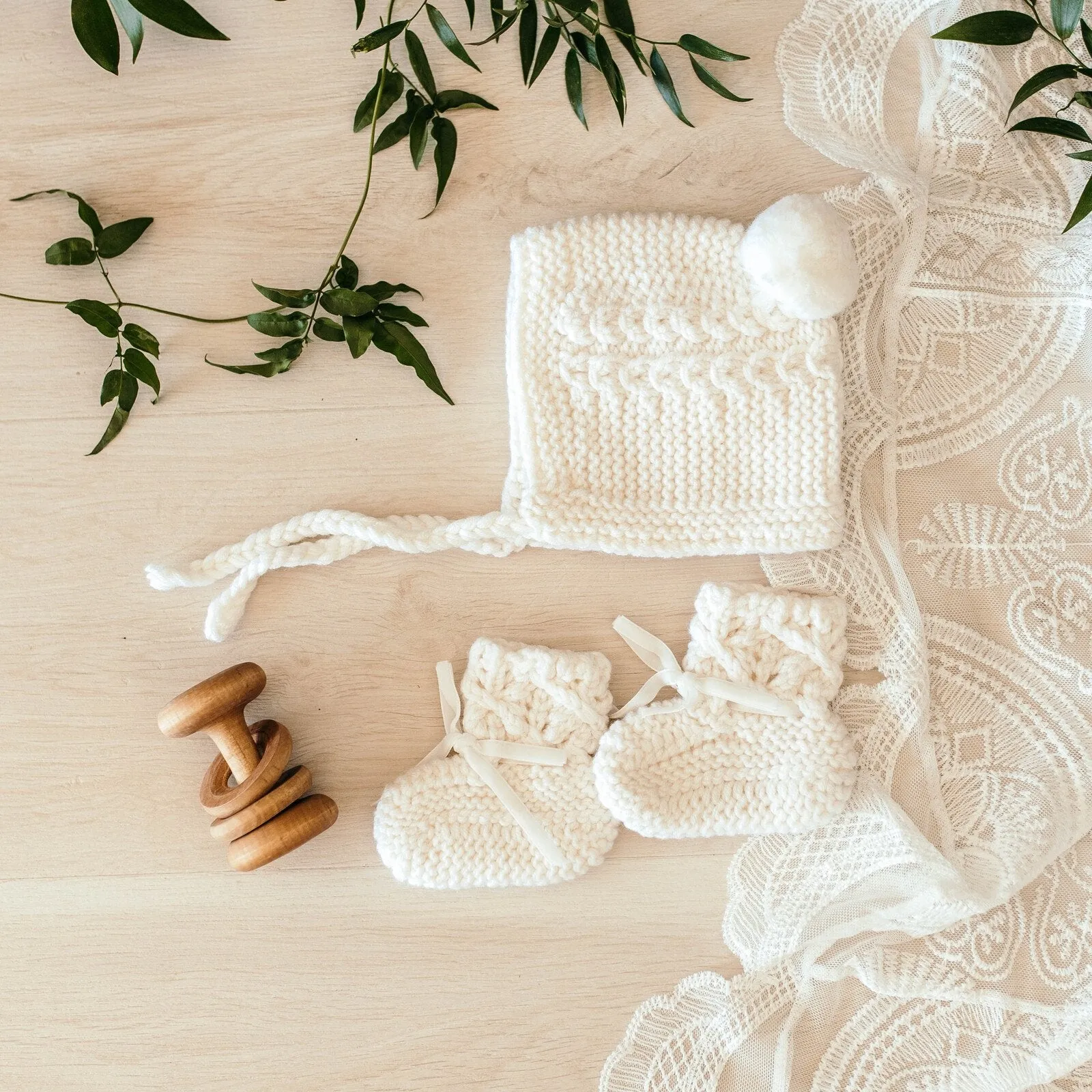 Ivory Merino Wool Bonnet & Booties Set