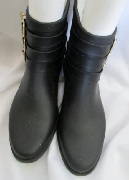 LOEFFLER RANDALL Women's FENTON Wellies Rain Boots Moto BLACK 9 Ankle Buckle Booties Gumboots