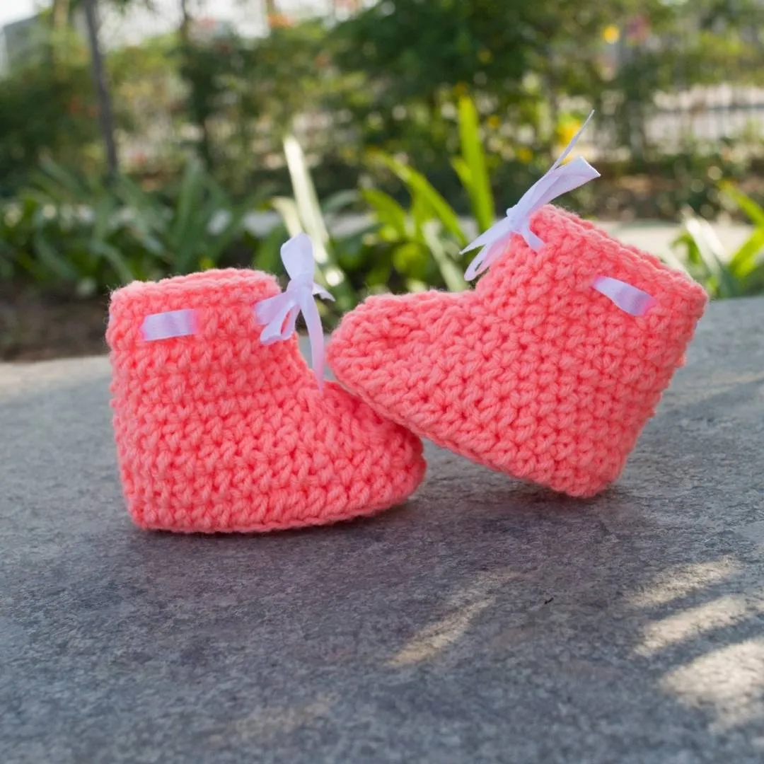 Long Lasting Peach Woven Design Wool Kid's Booties