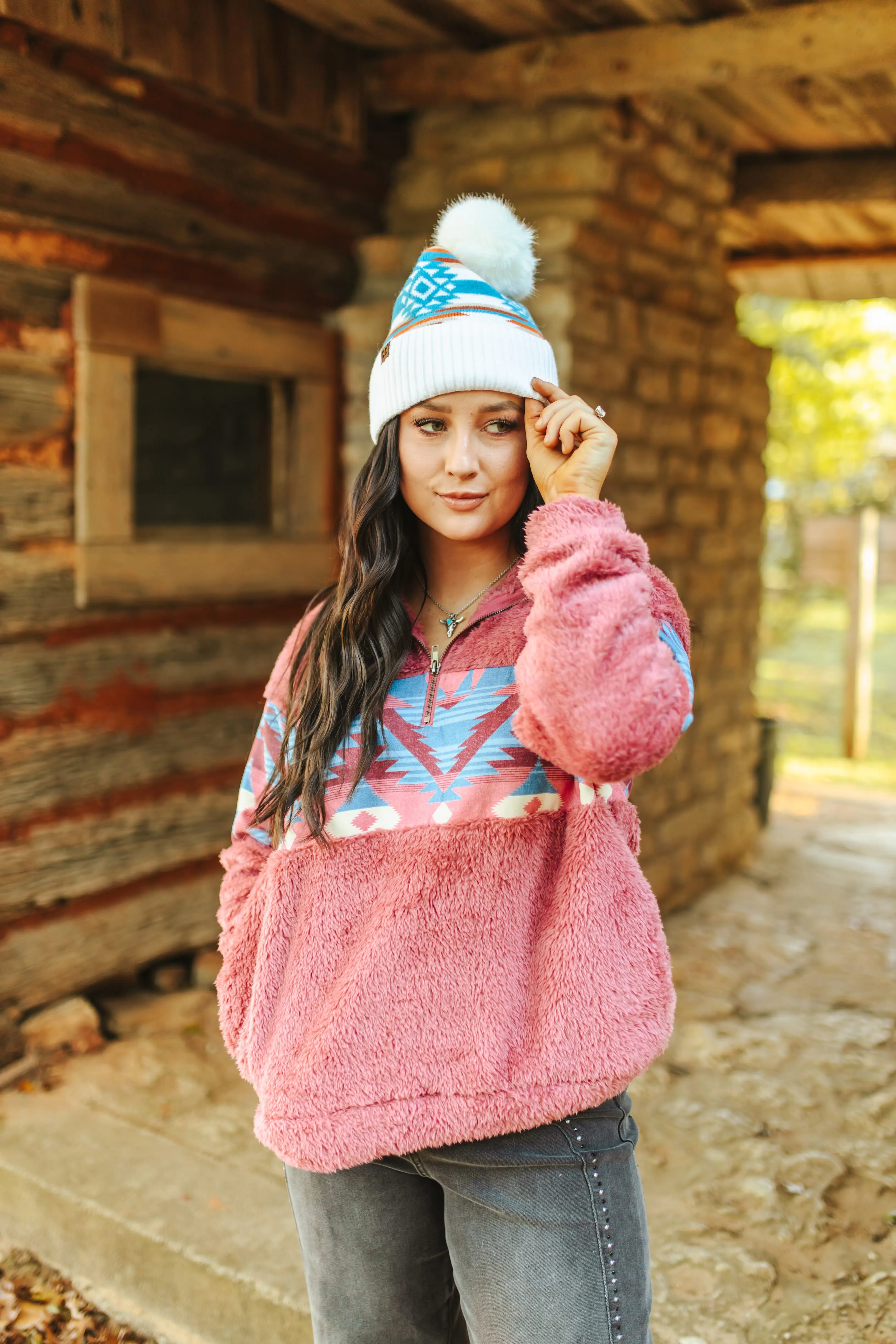 Pink Aztec Half Zip Sherpa