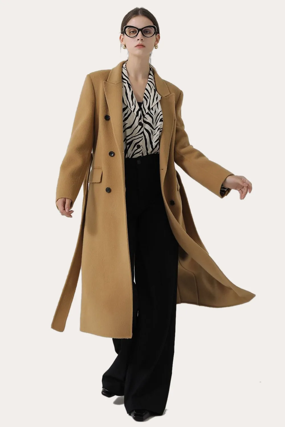 Pink Peak Lapel Double Breasted Long Women Wool Coat