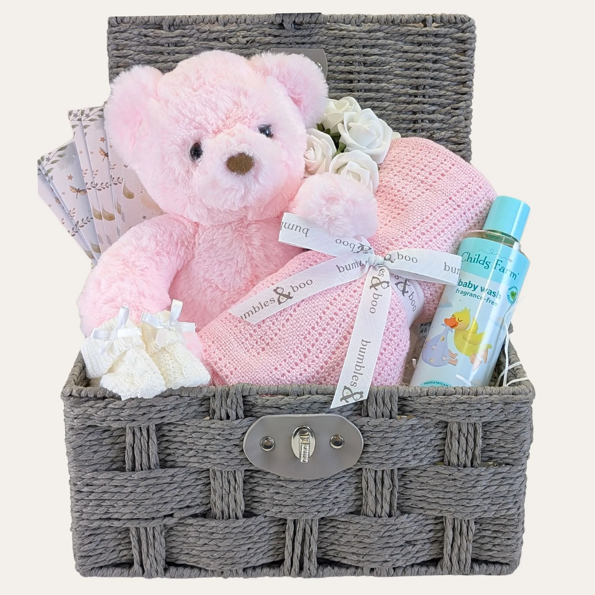 Pink Teddy Baby Girl Gifts Basket With Milestone Cards