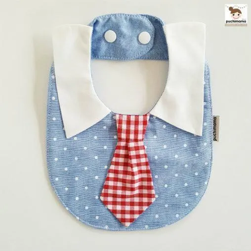 Puchimama PNB0001T Blue Polka Dot Red Necktie 藍底白波點紅格仔領呔純棉嬰兒口水巾