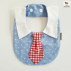 Puchimama PNB0001T Blue Polka Dot Red Necktie 藍底白波點紅格仔領呔純棉嬰兒口水巾