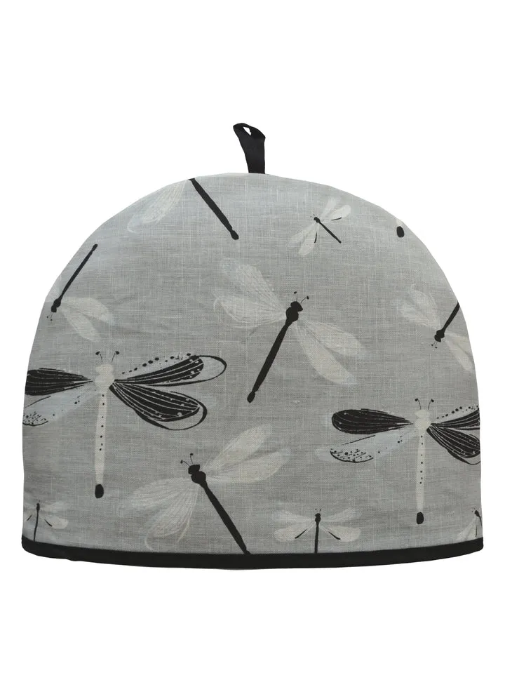 Rain Goose Linen Tea Cozy "Grey Dragonflies"