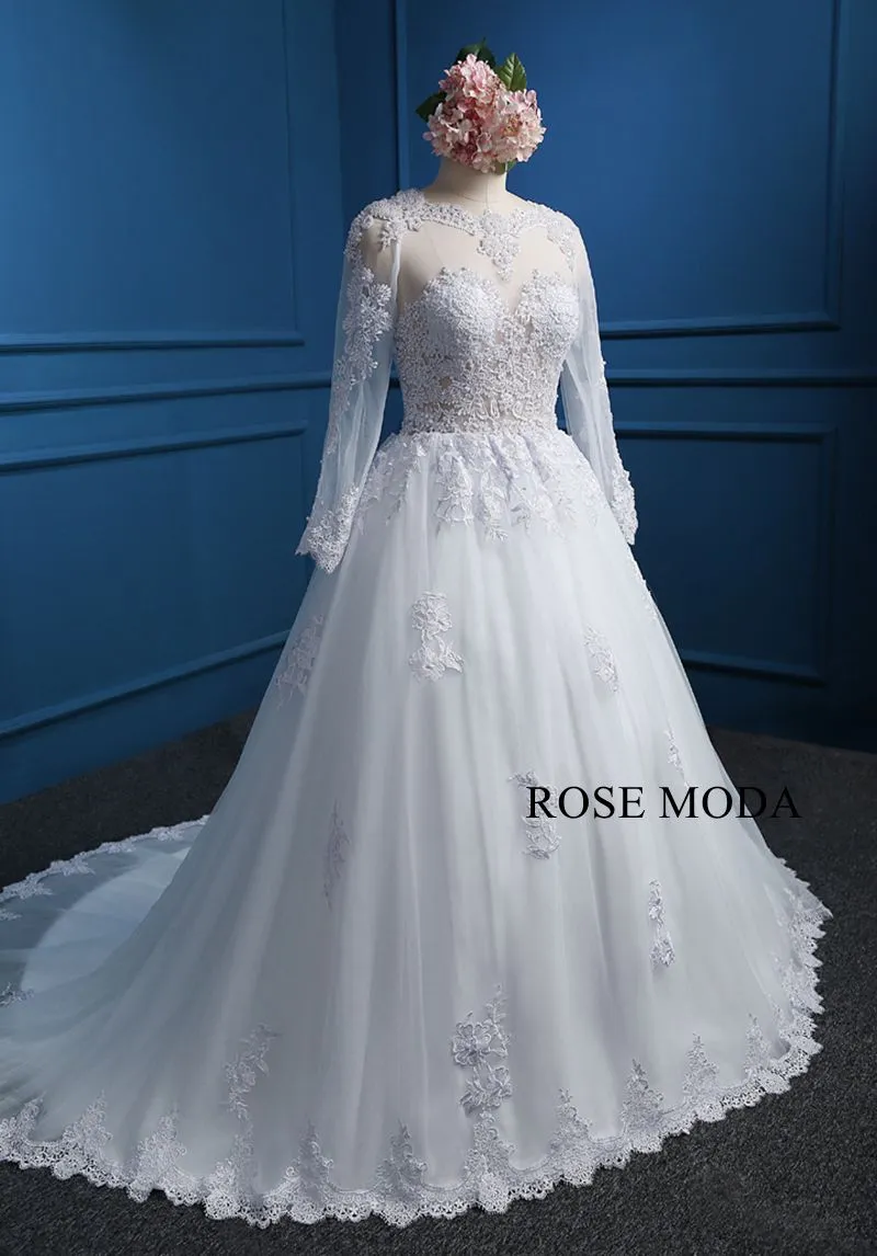 Rosemoda Illusion Bateau Neckline Encrusted Pearl Ball Gown Wedding Dress With Long Sleeve