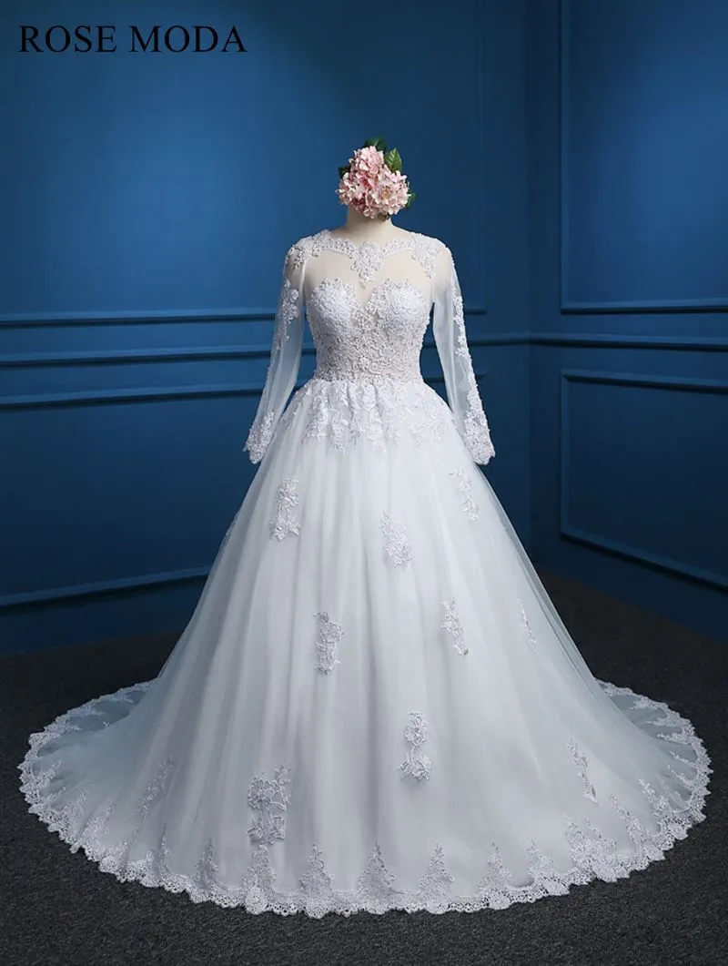 Rosemoda Illusion Bateau Neckline Encrusted Pearl Ball Gown Wedding Dress With Long Sleeve