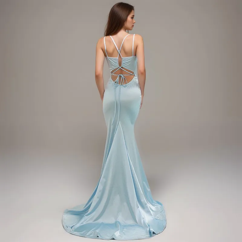 Sexy Deep V neck tie back mermaid silky satin prom dress