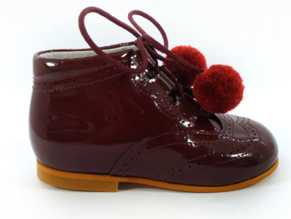 Shawn & Jeffery Burgundy Pompom Patent Baby Bootie