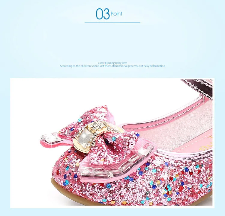 Spring Fashionable Girls' Shinny Thick Heeled Princess Shoes With Bow