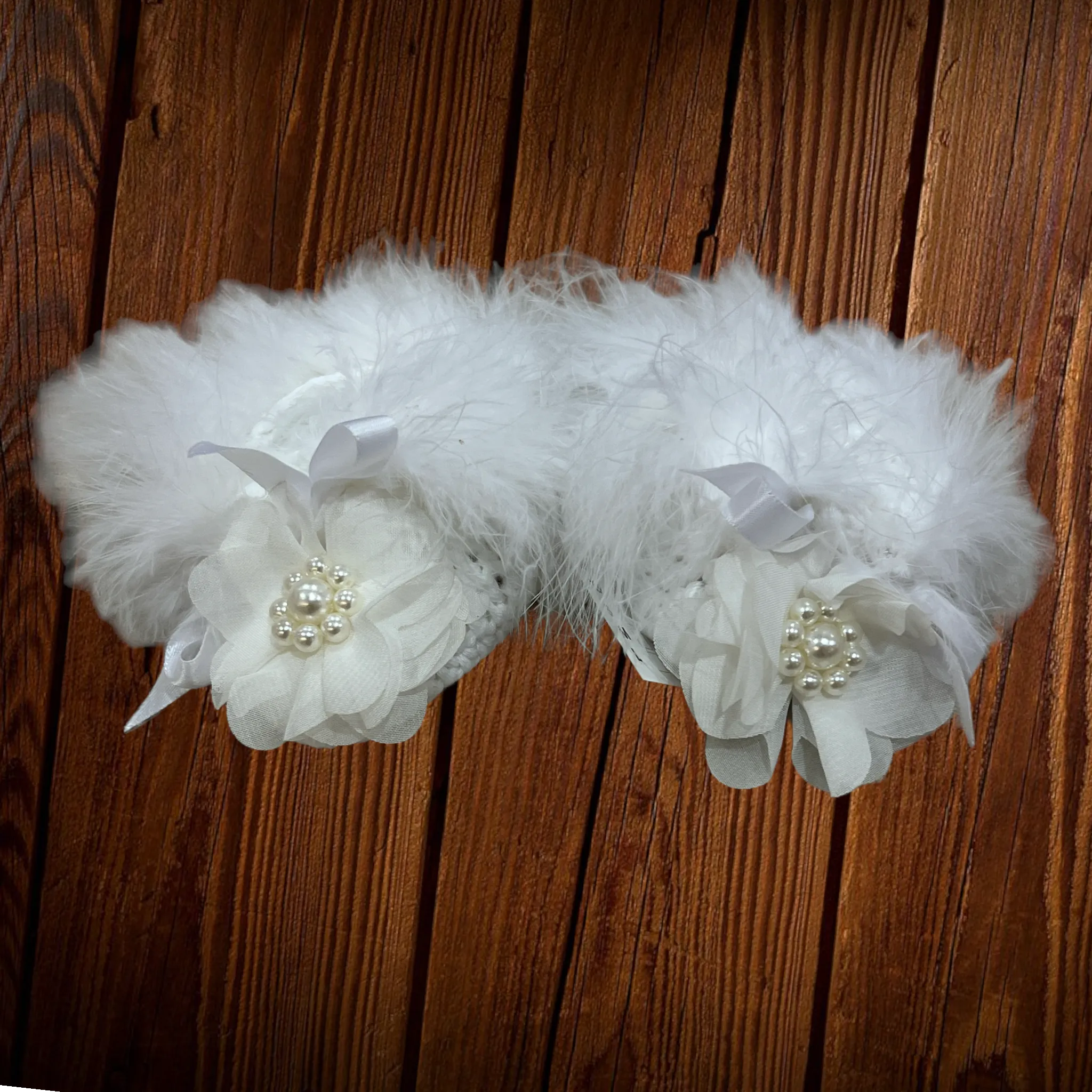 White Crochet Flower Marabou Booties