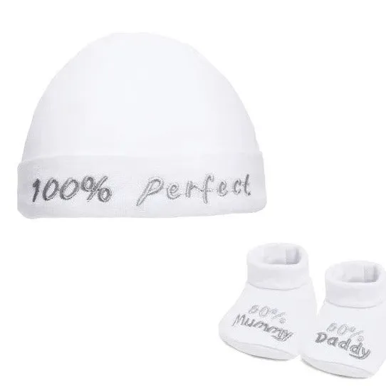 White Hat & Booties Set - '100% Perfect'