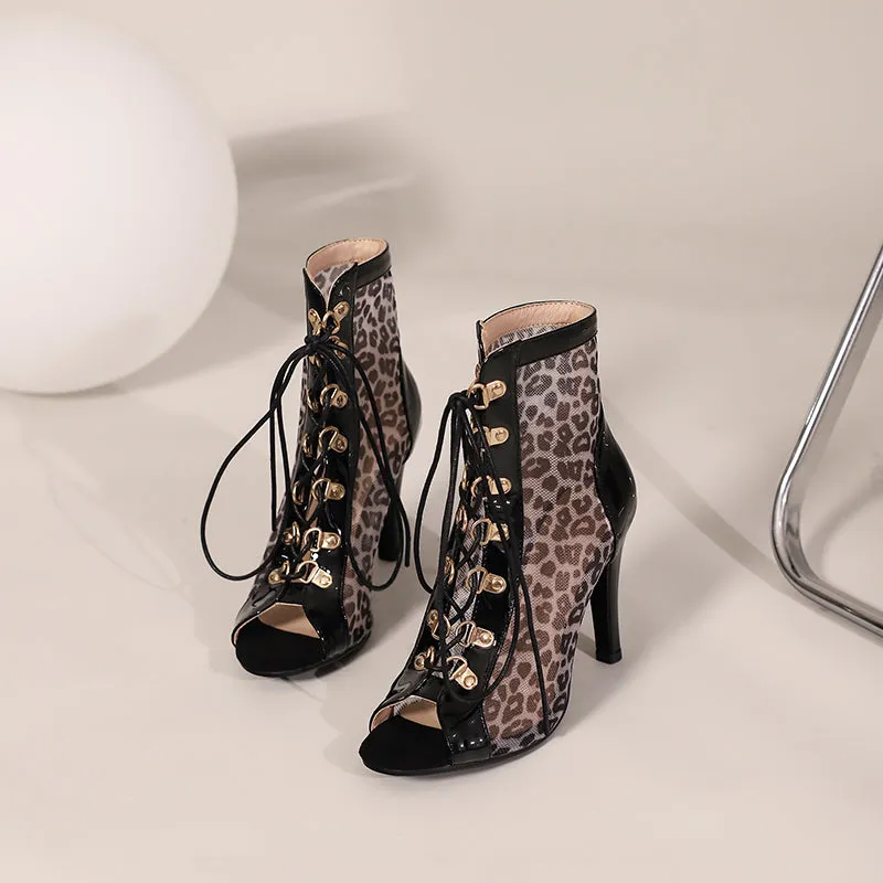 Women's 9cm Leopard Print Rubber Sole Leatherette Jazz Shoes Dance Heels Boot