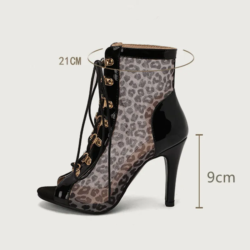 Women's 9cm Leopard Print Rubber Sole Leatherette Jazz Shoes Dance Heels Boot