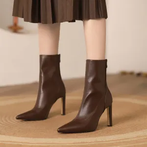 Women's Brown 9.5cm Slim Heel Rubber Sole Leatherette Jazz Shoes Closed Toe Dance Heels Boots