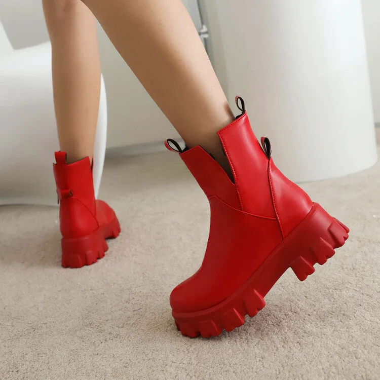 Women's Round Toe Side Zippers Block Chunky Heel Platform Short Boots