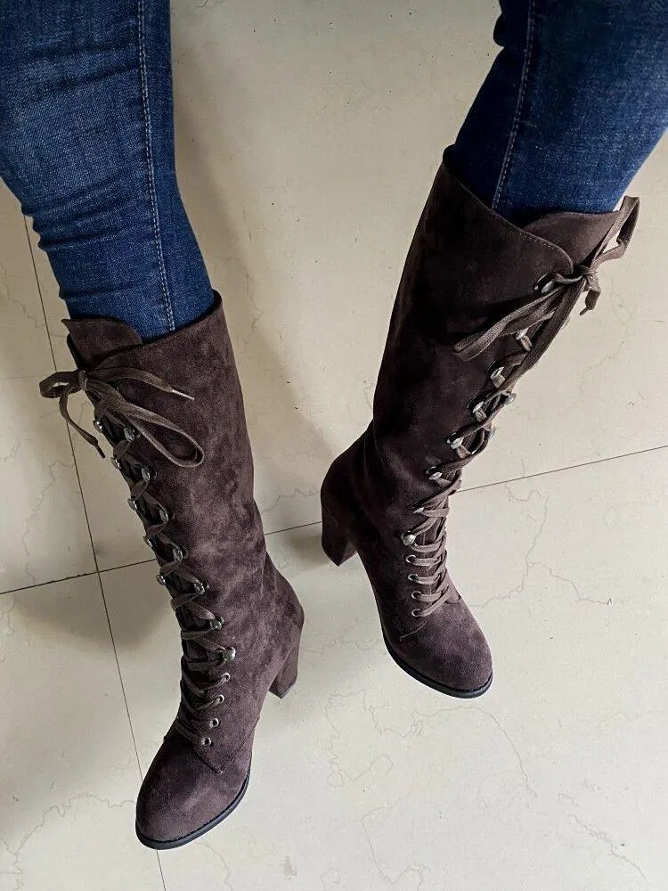 Women's vintage suede chunky block heel lace-up boots gothic steampunk boots